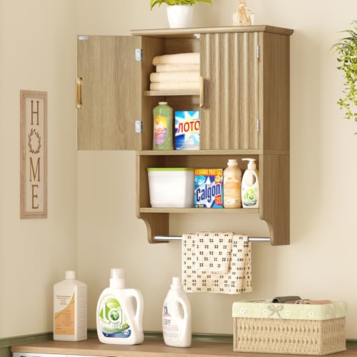 TEENFON Fluted Bathroom Wall Cabinet with Adjustable Shelves and Towel Rack, Wall Mounted Over The Toilet Storage Organizer for Bathroom, Living Room, Natural - color: Natural-22"h