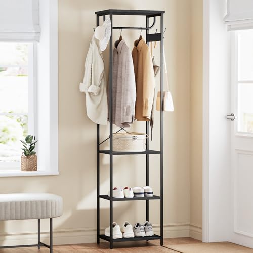 Coat Rack With Hanging Rod, Garment Rack With 3 Wooden Shelves and 4 Hooks, Freestanding Hall Tree, Industrial Clothes Rack Stand Organizer, Black - color: Black, style: with Top Shelf