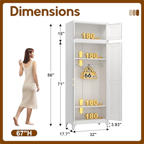 UNICOLY 86.6" Amoire Wardrobe Closet, 71" Wardrobe Cabinet with 15.74" Cabinet, Metal Closets with Hanging Rod for Bedroom School, Employee, Gym, Armarios De Ropa para Domitorio, White - color: White, size: 86.6 Inch Square-J with 0 Drawers