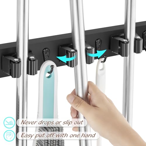 OUTNILI Black Mop Broom Holder Wall Mount with 3 Slots & 4 Hooks - Wood Broom Mop Hanger for Pantry Kitchen Organization - Garden Tool Organizer for Closet Laundry Room
