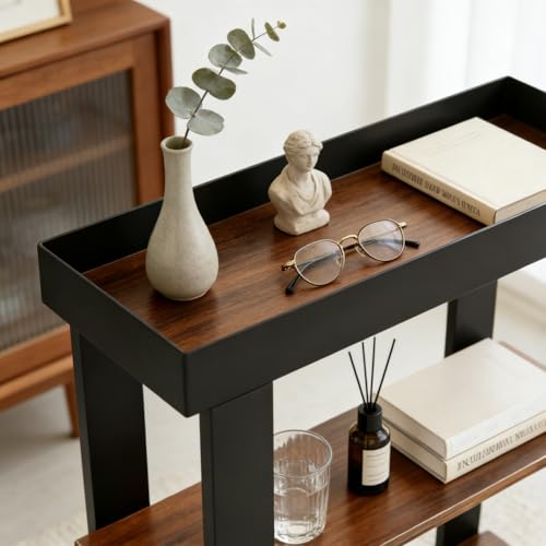 Narrow Side Table, 3-Tier Side Table, Rustic Farmhouse Narrow End Table with Storage, Slim Table Nightstand for Small Spaces, Bedroom or Living Room (Rustic Brown) - color: Rustic Brown