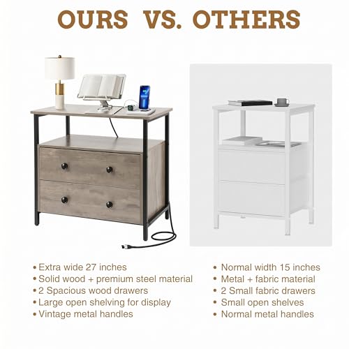 Edbuosy 27 inch Wide Night Stand Set 2 with Charging Station, Bedside Table with Open Shelf, 2 Drawers Small Wood Dresser, Modern Wood Nightstand for Bedroom/Living Room (Rustic Gray) - color: 2 Pack, Rustic Gray, size: 2 Drawers