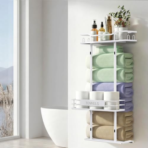 Towel Racks for Bathroom, 30inch Wall Mounted Towel Rack, Towel Storage for Small Bathroom Can Holds 6 Large Towels, Floating Shelf with Adjustable Tissue Basket.(White) - color: White