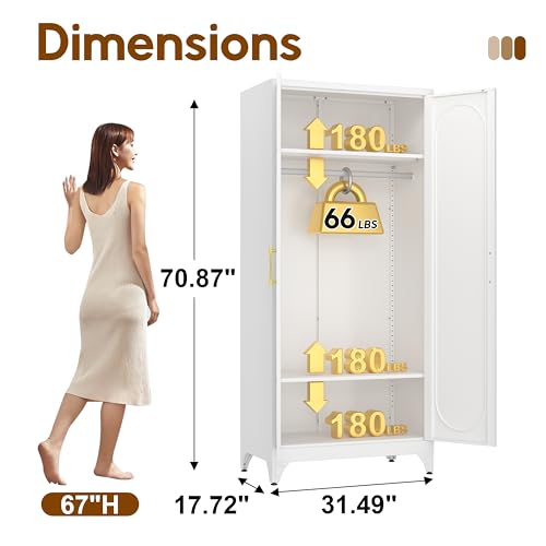 UNICOLY Armoire Wardrobe Closet with Doors, 71'' Wardrobe Cabinet with Hanging Rod, Metal Closet with 2 Adjustable Shelves for Bedroom School, Employee, Gym, Armarios De Ropa para Dormitorio, White - color: White, size: 71 Inch arched-J with 0 Drawers