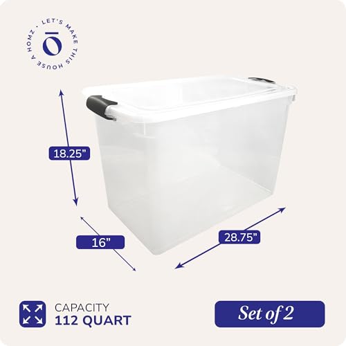 HOMZ 2-Pack Latching Lid, Large Clear Plastic Storage Bins w/Lids, 112 Quart, Gray Latch - Stackable Container Boxes for Home, Bathroom, and Office Organization - color: Gray, size: 112 QT (2 Pack)