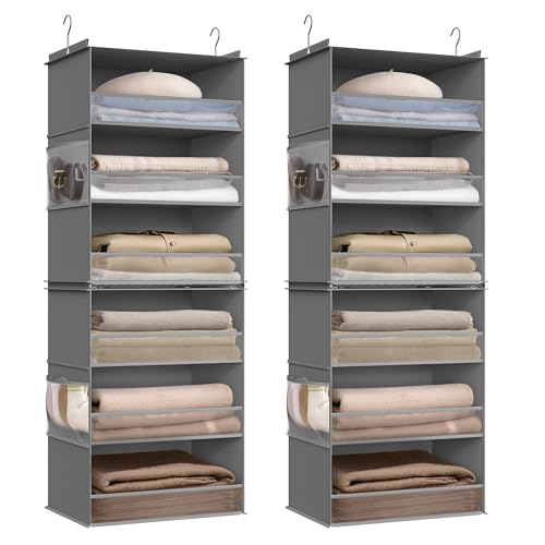 SONGMICS Set of 2 Hanging Closet Organizers, 6-Tier Fabric Storage Shelf, Separable Closet Hanging Shelf with Side Pockets, Foldable, Metal Hooks and Bamboo Inserts, Dove Gray URCH008G01 - color: Dove Gray, size: 2 Pack