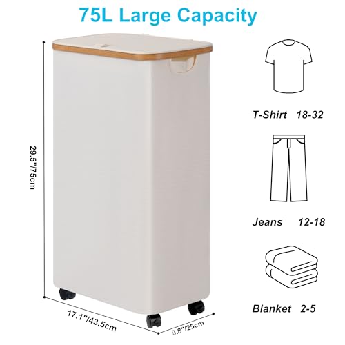 efluky Slim Laundry Hamper with Wheels, Narrow Laundry Basket with Lid and Removable Bag, Aesthetic Dirty Clothes Hamper on Wheels for Laundry Room, Bedroom, Dorm and Bathroom, 75L Beige - color: Beige, size: 75L