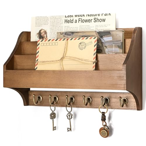 Rebee Vision Pine Wood Key Holder Wall Mount - Hanging Mail Holder for Wall with Key Hooks & 3-Tire Letter Slot - Multifunctional File Organizer for Home and Office Decor (Brown) - color: Brown