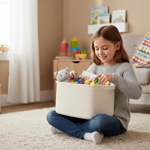 R RUNKA Cotton Rope Storage Basket 15"x10"x9" – Fabric Storage Bins for Organizing Clothes,Toys,Blankets – Durable Woven Storage Basket for Closet, Shelf & Living Room