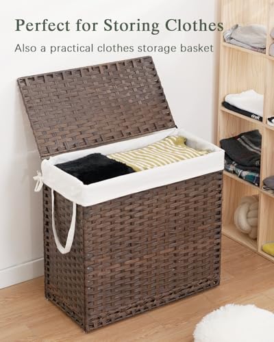 SETVSON Laundry Hamper with Lid Laundry Basket 132 L (35 Gal) Wicker Clothes Hamper, Handwoven Rattan Hamper with Handles and 4 Removable Liner Bags, 6 Mesh Bags for Laundry Bedroom Brown - color: Brown, size: 35.0 Gal