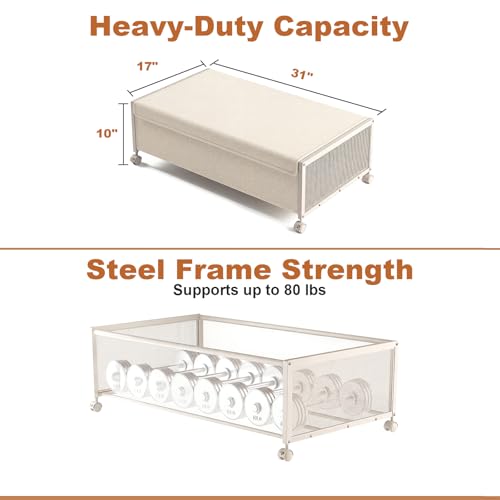 2 Pack Under the Bed Storage Containers,10 inch Height Under Bed Shoe Storage,31inch Long Underbed Storage with Wheels,Large Rolling under bed Clothes Storage Drawers with Lid for Dorm Tall ,Ivory - color: Ivory, size: 2PC (31"Lx17"Wx10"H)