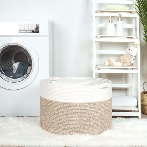 MINTWOOD Design Extra Large 22 x14 Inches Decorative Woven Cotton Rope Blanket Storage Basket Bin Living Room and Laundry Hamper for Pillows, Pool Towels, Dog Toys, Shoes, Light Brown - color: Light Brown