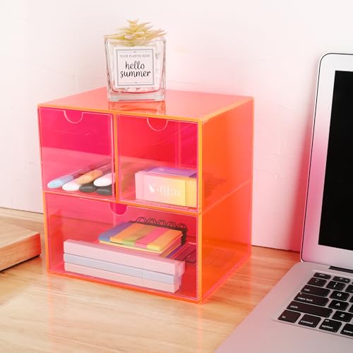 Gelite Desk Organizer with 3 Storage Drawers for Makeup Office Acrylic Desktop Drawer Organizer for Vanity Office Organization and Storage Box, Neon Pink - color: Neon Pink