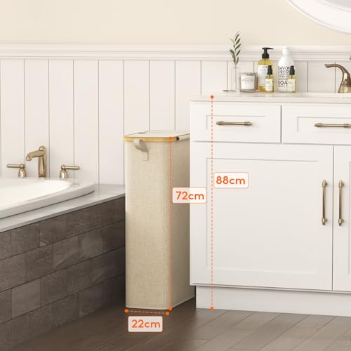 Lifewit 65L Slim Laundry Hamper with Lid, Narrow Laundry Basket with Removable Bag & Bamboo Handles, Fodable Thin Dirty Clothes Hamper for Laundry Collapsible Bin for Bathroom Bedroom Dorm, Beige - color: Beige, size: 65L