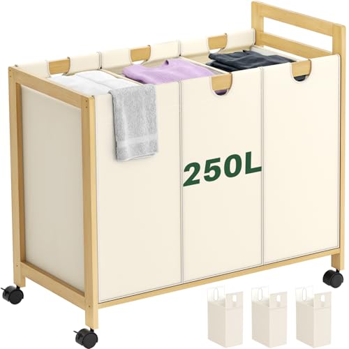 Homykic 250L Laundry Sorter Cart with Wheels, 3-Section Rolling Laundry Basket with Removable Bags, 66 Gal Large Laundry Hamper Organizer, Heavy Duty Bamboo Frame, Water-Resistant, Black - color: Creamy White
