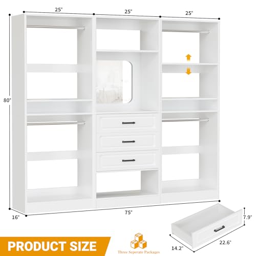 Unikito 75" Modular Closet Organizer System with Mirror & Drawers, 3-in-1 Freestanding Wardrobe Tower with Adjustable Shelves & Hanging Rods, Heavy-Duty Bedroom Storage for Walk-in Closets, White - color: White, size: 75 Inch