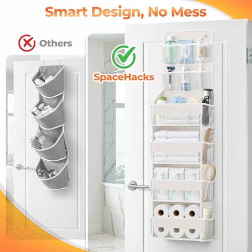 SpaceHacks 6-Tier Over the Door Organizer with Mesh Pockets, Baby Nursery Storage for Closet, Bathroom and Bedroom, Adjustable Hanging Closet Organizer for Cosmetics, Books and Essentials (Beige) - color: Beige, size: 6-Tier