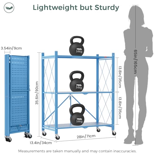 DEANIC 3 Tier Foldable Storage Shelves with Wheels, Kitchen Appliance Stand, Freestanding Metal Wire Shelf Rack, No Assembly Organizer Rolling Cart for Garage, Basement, Pantry(Blue) - color: Blue