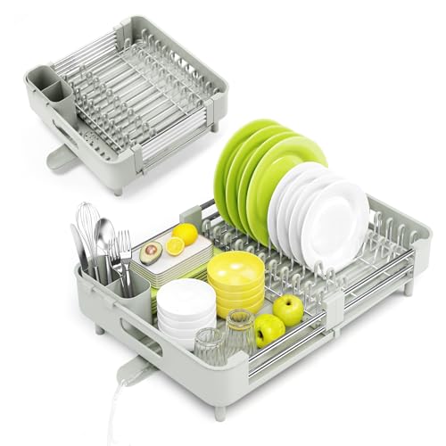 Urackify Extendable Dish Drying Rack, Dual Part Dish Drainers with Non-Scratch and Movable Cutlery Drainer and Drainage Spout, Adjustable Dish Rack for Kitchen, Gray & White - color: Soft Celery Green