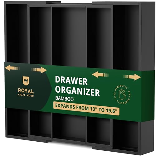 ROYAL CRAFT WOOD Luxury Bamboo Kitchen Drawer Organizer - Silverware Organizer - Utensil Holder and Cutlery Tray with Grooved Drawer Dividers for Flatware and Kitchen Utensils (5 Slot, Black) - color: Black, size: 5 Slot