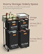 VASAGLE Laundry Sorter, Laundry Hamper with Wheels, 39.6 Gal. (150 L) Portable Rolling Cart Baskets with Shelf, 4 Removable Liners and 6 Labels, Ink Black and Chestnut Brown URLS100B01 - size: 4 Bags