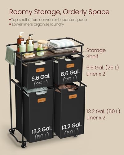 VASAGLE Laundry Sorter, Laundry Hamper with Wheels, 39.6 Gal. (150 L) Portable Rolling Cart Baskets with Shelf, 4 Removable Liners and 6 Labels, Ink Black and Chestnut Brown URLS100B01 - size: 4 Bags