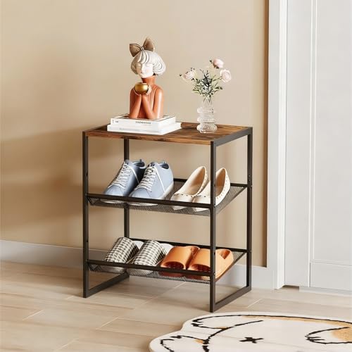 Garden 4 you Shoe Rack for Closet Narrow 3 Tiers, Small Shoe Rack with Brown Wooden Tabletop, Adjustable Metal Shoe Shelf for Closet Entryway Hallway Living Room - color: Brown, size: 3-Tier