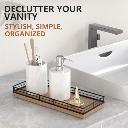 Bathroom Tray for Counter Top Organizer – Acacia Wood Vanity Tray with Metal Frame for Dresser, Kitchen, Nightstand – Black & Acacia Decorative Storage - color: Black & Acacia, size: 11" x 4.5" x 1.5"