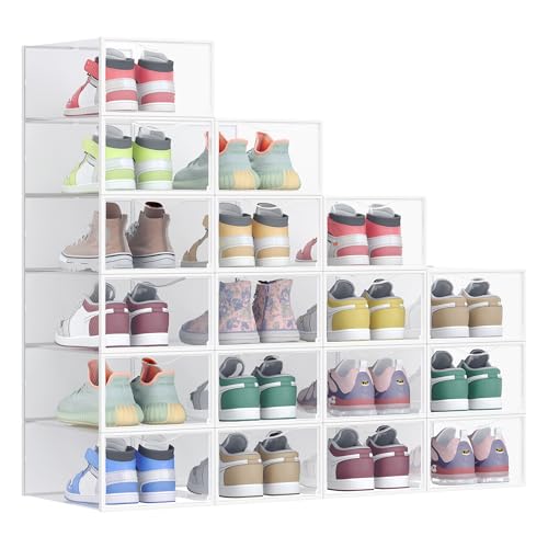 SONGMICS Shoe Boxes, Shoe Storage Organizers Rack for Closet, Plastic Stackable Sneaker Containers Case, 18 Pack, Transparent and Cloud White ULSP318W01 - color: Transparent + Cloud White, size: 18 Count Fit Size 11
