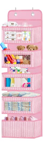 VERONLY Over The Door Hanging Organizer with 5 Large Pockets - Wall Mount Pantry Storage with 2 Big Metal Hooks for Baby Girl’s Diapers Closet, Bathroom, Nursery, Bedroom, Dorm, Baby, Kids Toys (Pink) - color: Branch Pattern Pink