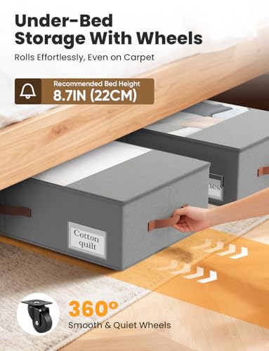 2-Pack Under Bed Storage Bins with Wheels and 6 Vacuum Seal Bags, Heavy Duty 80lbs Capacity, 65L Clear Lid Organizer for Dorm Bedroom Clothes Shoes Toys, Quick Assembly Space Saver (Gray, 7.9'' PLUS) - color: Gray, size: 7.9 inches PLUS