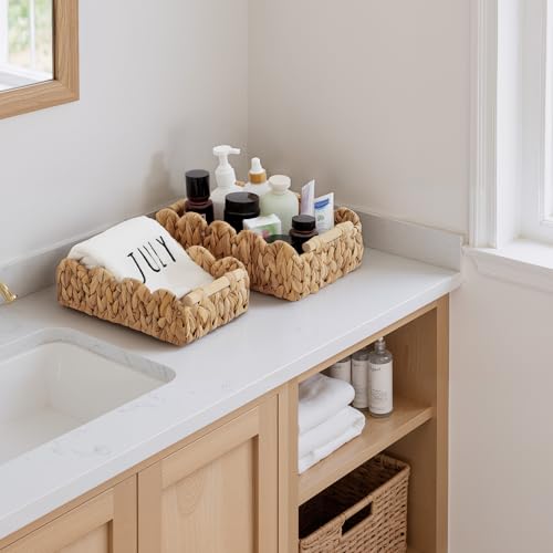 StorageWorks Toilet Paper Basket 2 Pack, Back of Toilet Basket with Wooden Handles, Small Wicker Decorative Scalloped Baskets for Organizing, Living Room Storage, Natural Water Hyacinth - color: Water Hyacinth(Natural), size: 11¾" L × 7¾" W × 4" H