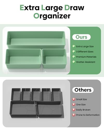 10 Pack Large Size Plastic Drawer Organizers Set, 3 Sizes Desk Drawer Organizer Trays, Storage Bins for Vanity, Makeup, Bathroom, Kitchen Utensils and Office (Green) - color: Green