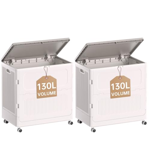 HAIXIN HOME Rolling Laundry Hamper with Lid, 130L Large Clothes Hampers for Laundry, Plastic Collapsible Laundry Baskets with Wheels and Lid, Install-Free & Easy to Transport to Laundry Room (2 Pack) - color: Milky, size: 130L - 2 Pack