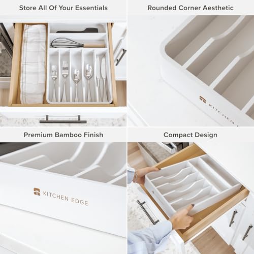 KitchenEdge Silverware Organizer - Cutlery, Flatware, and Utensil Holder for Kitchen Drawers, Fixed 10.5” Width, 7 Storage Compartments, Non-Slip Feet, Rounded Corners, 100% Bamboo, White Finish - color: White Bamboo