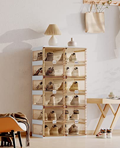 ANTBOX Foldable Shoe Rack,Shoe Organizers for Closet Plastic Shoe Storage Box For Entryway,Living Room,Large Sturdy Stackable Sneaker Cabinet Bins With Magnetic Clear Door 6 Tiers 12 Pairs - color: Brown, size: 6 Tiers 12 Pairs