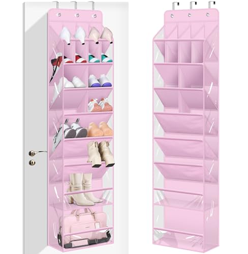 MISSLO Clear Over the Door Shoe Organizer Large Deep Pockets Hanging Shoe Rack for Closet Fit 20 Pairs Shoe Holder for Sneakers Boots Storage, Pink - color: Pink