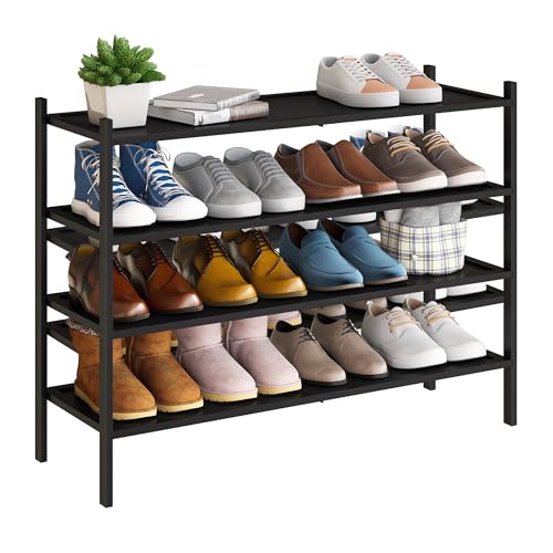 BMOSU 4-Tier Bamboo Extended Shoe Rack Premium Stackable Shoe Shelf Storage Organizer for Hallway Closet Living Room Entryway Organizer(Black) - color: Black, size: 4-Tier Long（33.3*11*25.2inches）