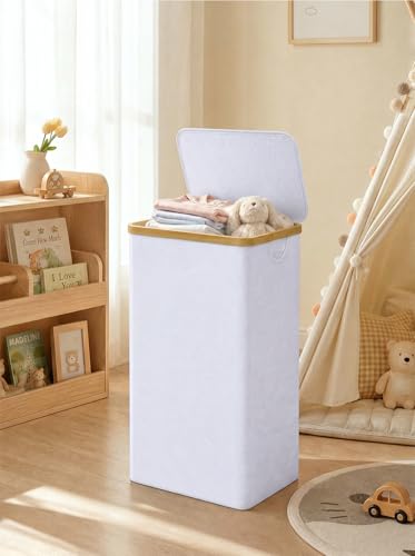 iEGrow 110L Laundry Hamper with Lid，Dirty Clothes Hampers for Laundry,Laundry Basket with Bamboo Handles and Removable Bag,Hamper for Bedroom, Bathroom, Dorm, Laundry Room, White - color: White, size: 110L