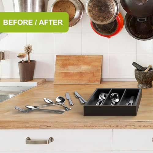 Unibambou Bamboo Utensil Drawer Organizer, Silverware Tray Organizer, Kitchen Drawer Organizer for Flatware Cutlery (Black, 3 Slots) - color: Black, size: Small 8.5x10 Inch