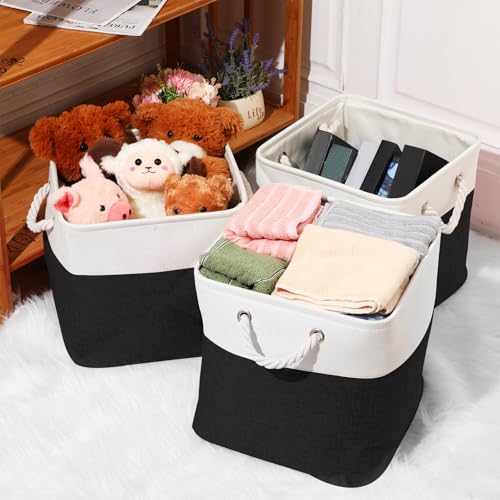 meekoo 8 Pack Collapsible Storage Bins Fabric Storage Bins Polyester Fabric Baskets with Handles Linen Closet Organizer for Shelf Home Closet Towels Toys(12 x 12 x 12 in,Black White) - color: Black White, size: 12 x 12 x 12 In
