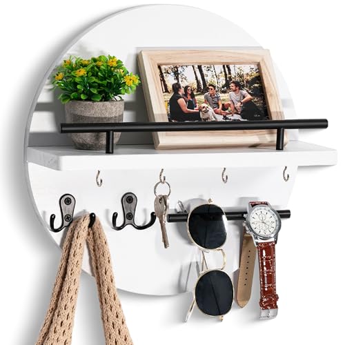 dreampossible Key Holder for Wall Decorative with Shelf and Hooks, Mail Organizer Wall Mount with Sunglasses Holder, Circular Design Entryway Key Rack Hanger, Rustic Home Decor for Mudroom - color: White&Black