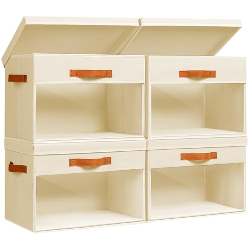 Homsorout Large Storage Bins with Lids - 4 Pack Foldable Decorative Organizers with Clear Windows & Handles, Cube Storage Organizers for Clothes, Blankets, Sweaters, Sheets, Beige - color: Beige, size: 16.5 Inch-4 Pack