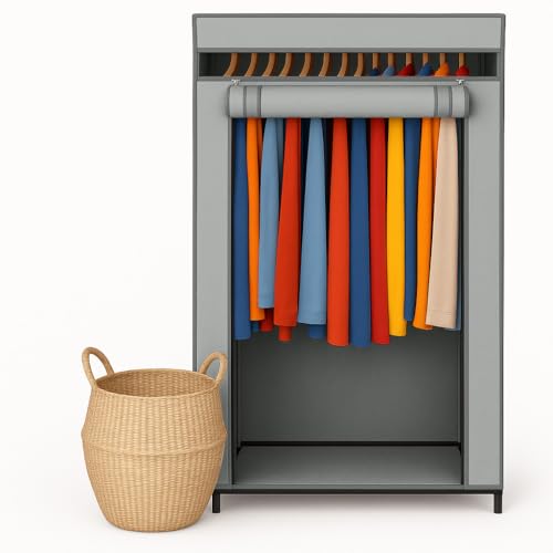 HOLDN’ STORAGE Portable Wardrobe Closet - 50 lb Capacity, Internal Heavy Duty Metal Rod, Zipper & Clear Window, Durable Clothes Organizer, Tool-Free Easy Assembly, Dark Gray Canvas Cover - color: Dark Gray, size: Medium