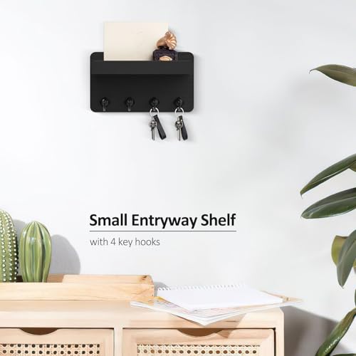 Nekon Key Holder Wall Mount, 8.5 Inch Small Home Decor Wooden Wall Organizer with 4 Hooks and Shelf, Key and Mail Holder for Living Room Entryway Kitchen (Black) - color: Black