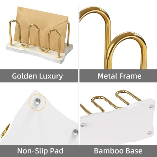 Mail Holder Organizer Countertop, Metal Mail Sorter for Desk, Cutout Mail Storage Bills Organizer Letter Tray Design with Bamboo Base for Home Office (White) - color: White