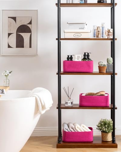 Small Woven Basket, 12 x 8 x 4.5 Inches, Storage Basket for Organizing, Cute Small Rope Shelf Closet Cube Storage Bins Baskets for Shelves, Dog Toy Gift Baskets Empty, 3 Packs, Hot Pink - color: Hot Pink, size: 12"L x 8"W x 4.5"H