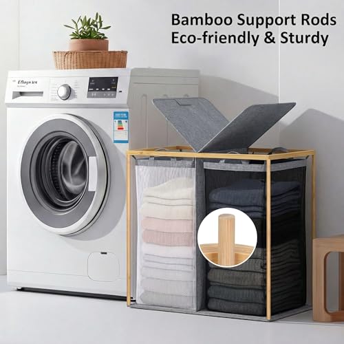 efluky Laundry Hamper with Lid, Double Laundry Hamper with 2 Removable Bags, 2 Section Laundry Basket with Bamboo Handles for Bathroom, Bedroom & Laundry Room, 140L (36.9 Gallon) Blue Grey - color: Blue Grey, size: 140L Dual