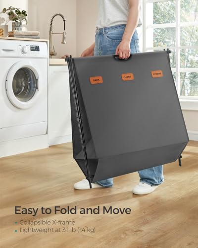 SONGMICS Laundry Hamper, Laundry Basket, 35.7 Gal. Laundry Sorter 3 Sections, Collapsible X-Frame, Clothes Organizer with Customizable Labels, Laundry Room, Bedroom, Bathroom, Slate Gray ULCB130G01 - color: Slate Gray, size: 135 L