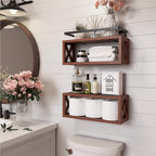 RICHER HOUSE Floating Wood Shelves with Guardrail, Rustic Brown, Wall Mounted, 2 Shelves, Farmhouse Style - color: Rustic Brown